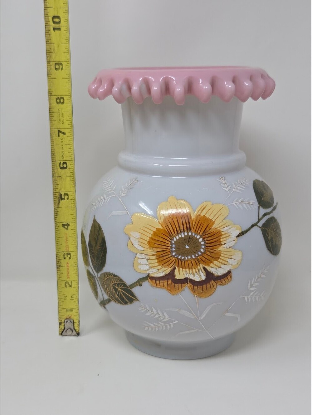 Pink Ruffled Rim Milk Glass Vase Hand Painted Floral Design 10 Inch Decor - Picture 2 of 8